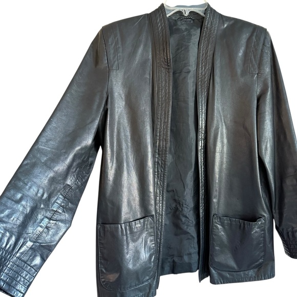 Black Leather Open Front Minimalist Jacket – Women’s Size 12 - Picture 7 of 16